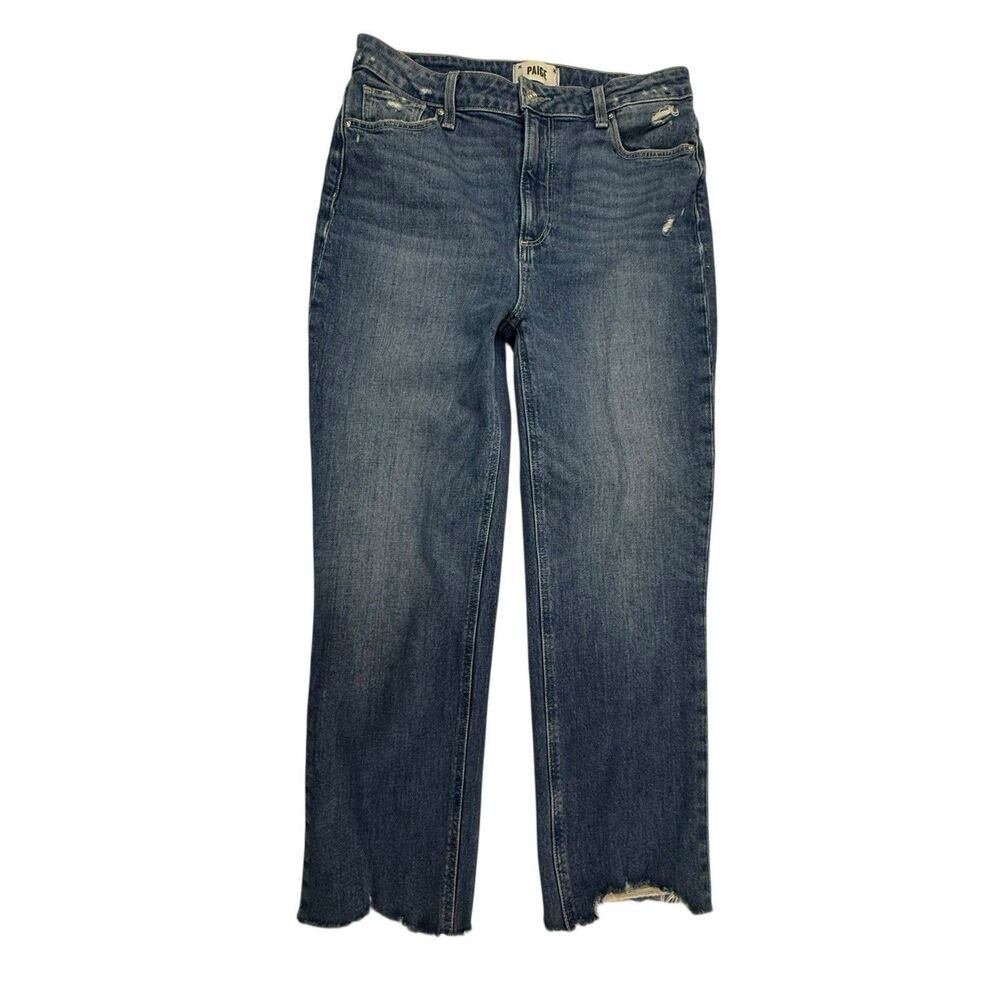 PAIGE Sarah Straight Crop Jeans Women Size 29 Blue Raw Chewy Hem Stretch Denim
